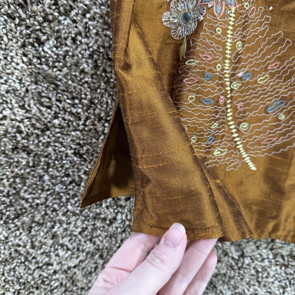 Coldwater Creek Large Silk Embroidered Mandarin Collar Blouse Orange Floral Boho - Picture 9 of 10